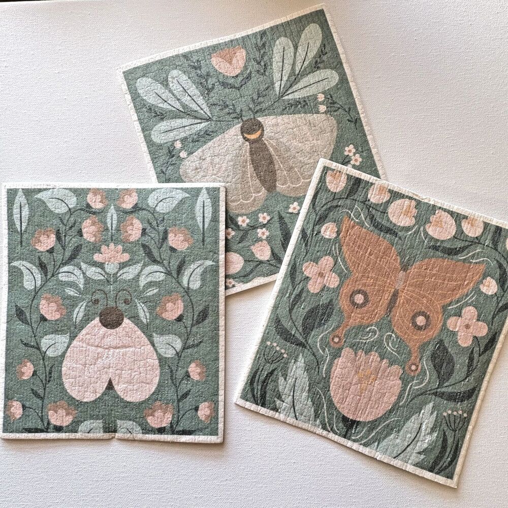 Swedish Dish Cloths (3) Moth Butterfly Whimsical Scandi Eco-Friendly Reusable B
